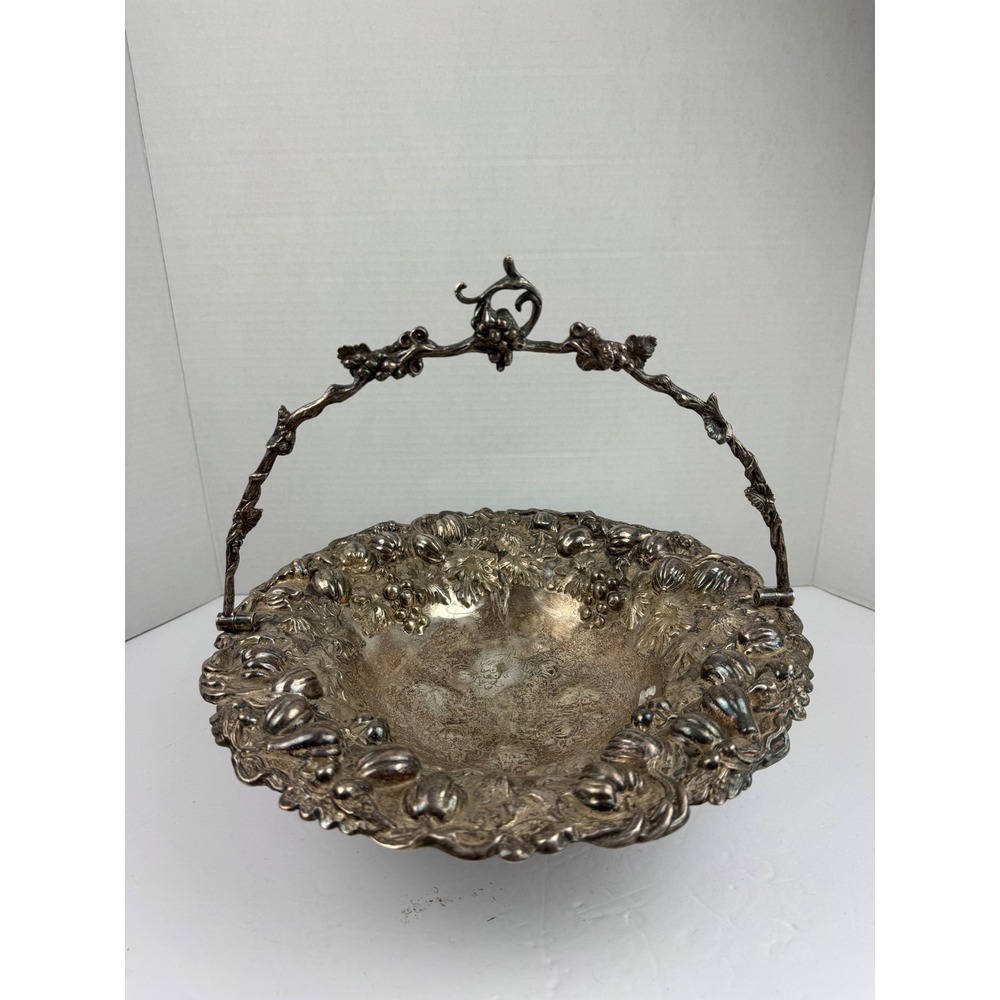 Vintage Silver Plate Tone Footed Bride Basket Repousse Grapes Gourd